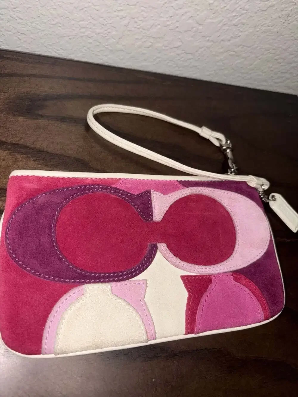 Coach Op Art Patchwork Suede Wristlet in Pink and Purple Multi